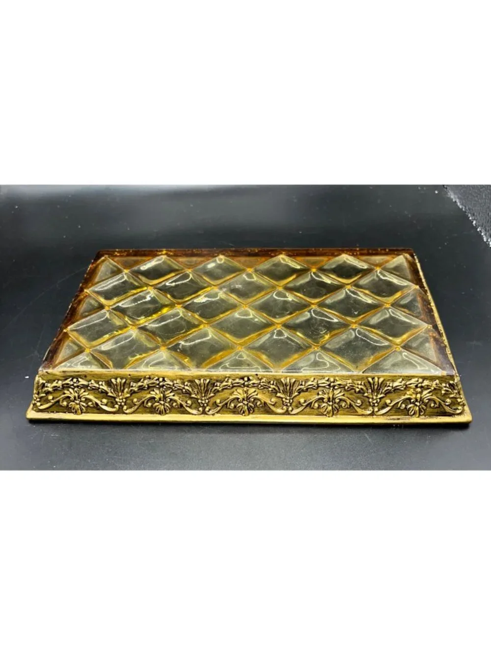Vintage GoldTone Lucite Vanity Tray Quilted Diamond Pattern Ornate Floral Border